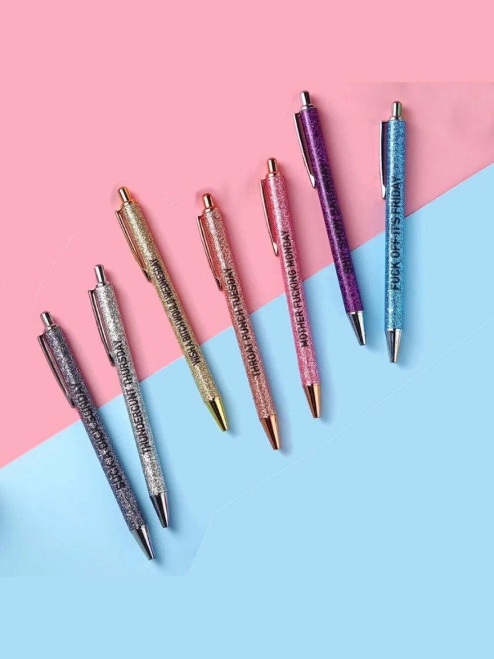 7PC Glitter Pen Set Funny Swear Word Weekday Novelty Pens NIP Gift - Picture 3 of 6